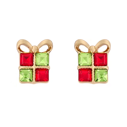 Gold Green & Red Present Earrings