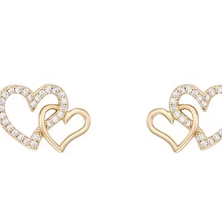 Gold CZ Crystal Double Heart Stud Earrings