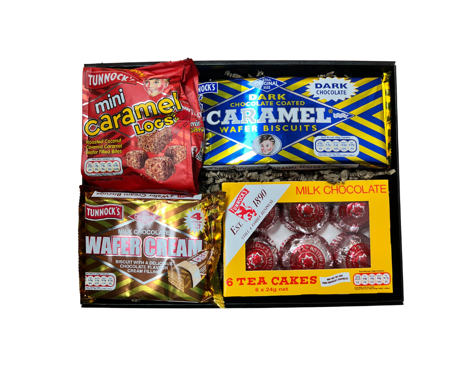 Assorted Tunnock's tea time treats including caramel logs, wafers, and tea cakes