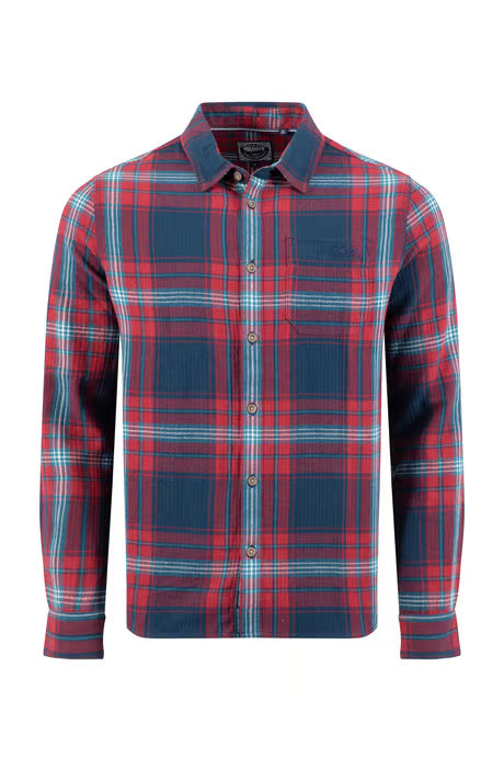 Broxton Organic Cotton Long Sleeve Herringbone Check Shirt Burgundy