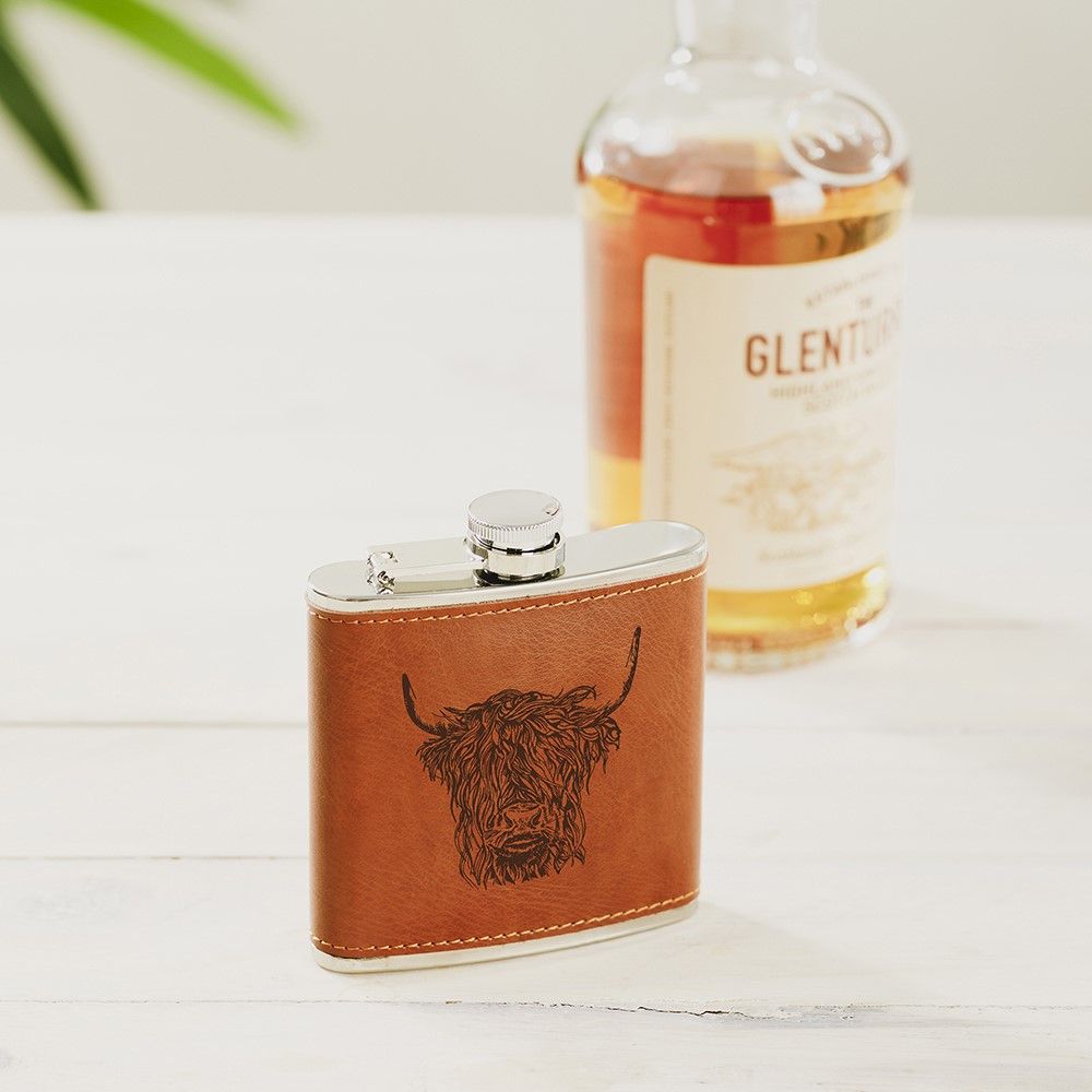 Highland Cow Leather Hip Flask