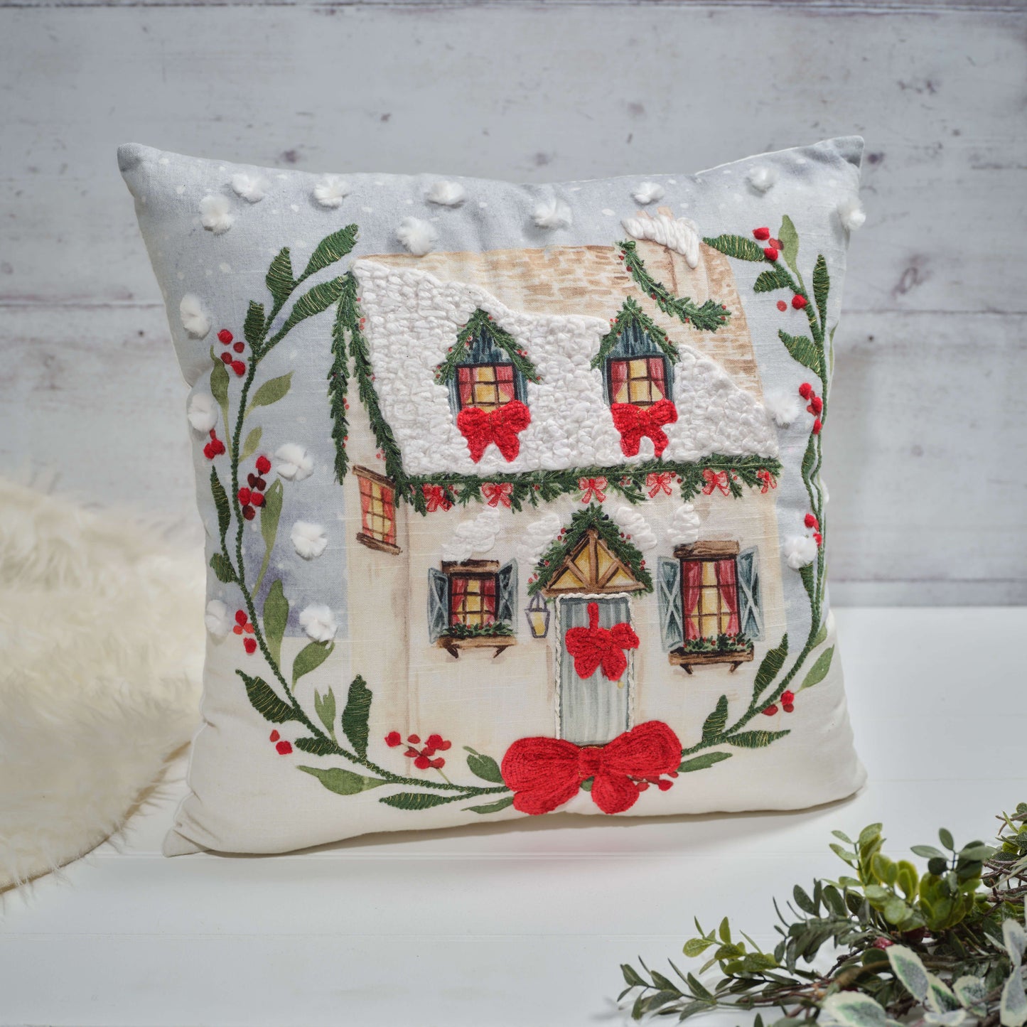 Holly Cottage Scene Embroidered Cotton Velvet Cushion