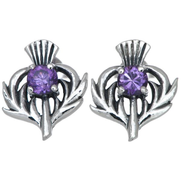 Sterling Silver Amethyst Purple Colour Stone Scottish Thistle Stud Earrings
