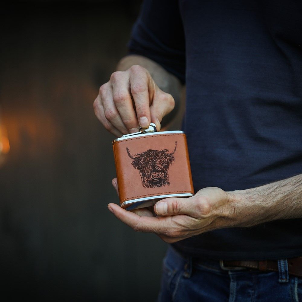 Highland Cow Leather Hip Flask