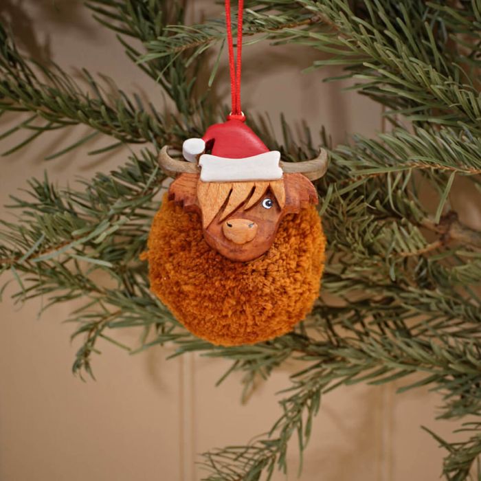 Pom Pom Highland Cow with Santa Hat Hanger