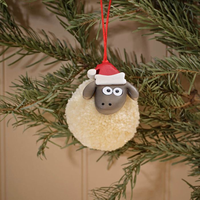 Pom Pom Sheep with Santa Hat Hanger - Cream