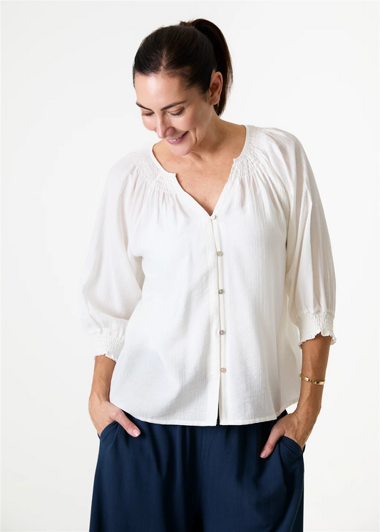 Textured Stripe Shirred Neck Button Through Blouse - White