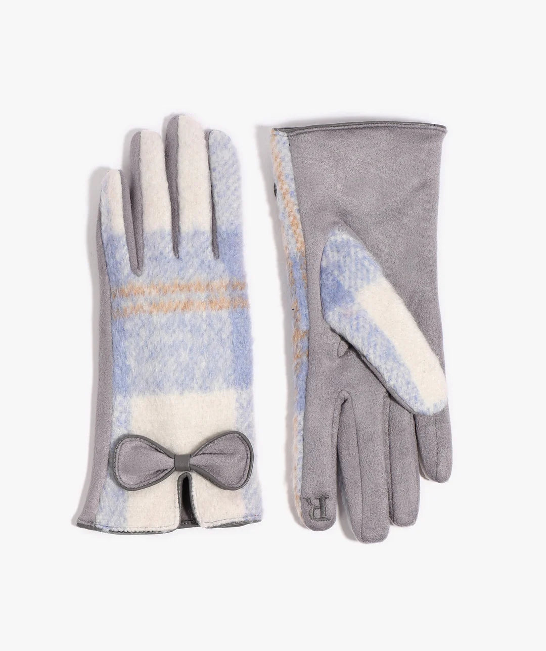 Ava - Blue Check Faux Suede Glove with Bow