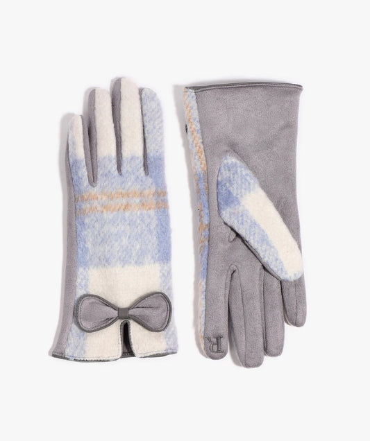 Ava - Blue Check Faux Suede Glove with Bow