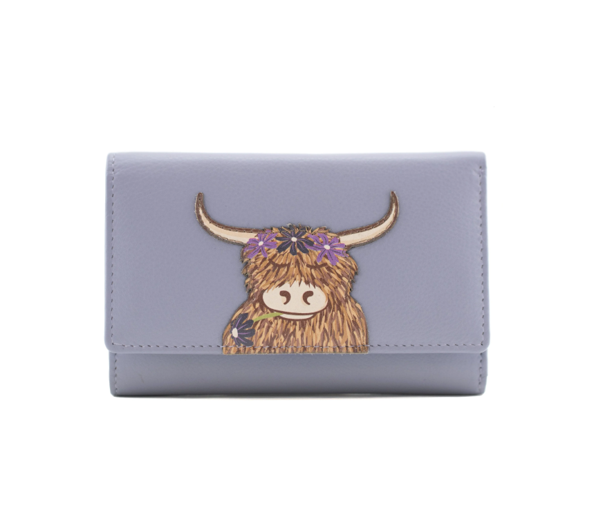 Bella Highland Cow Large Tri-fold Purse - Purple
