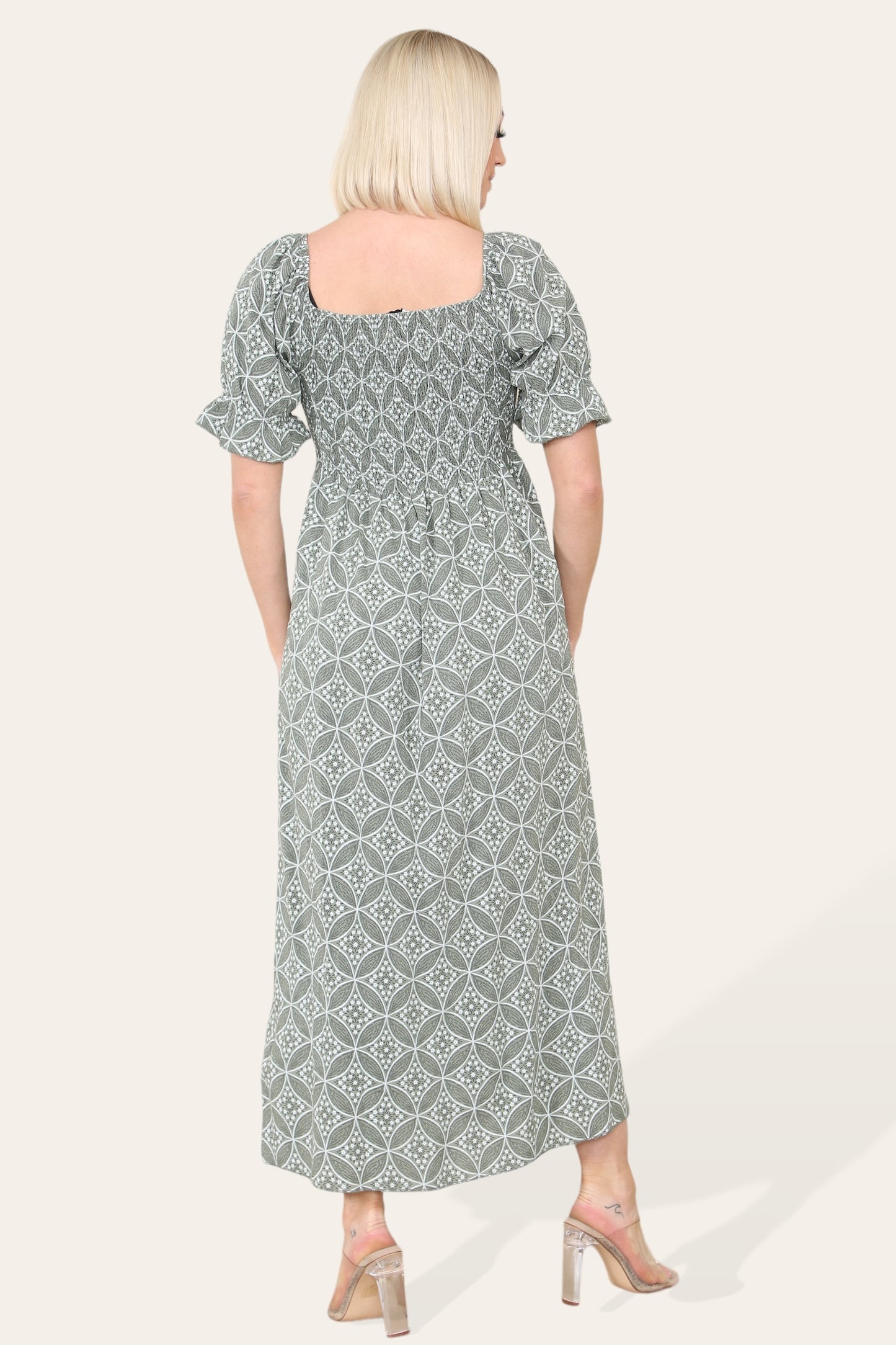 Ditsy Geometric Floral Bardot Maxi Dress - Khaki