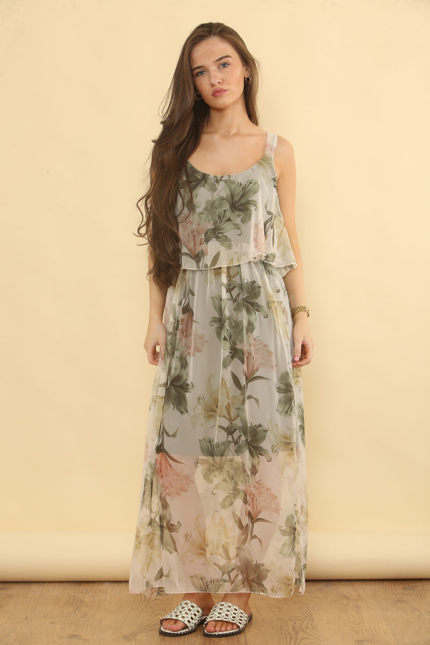 Floaty Tier Floral Print Sleeveless Dress - Khaki