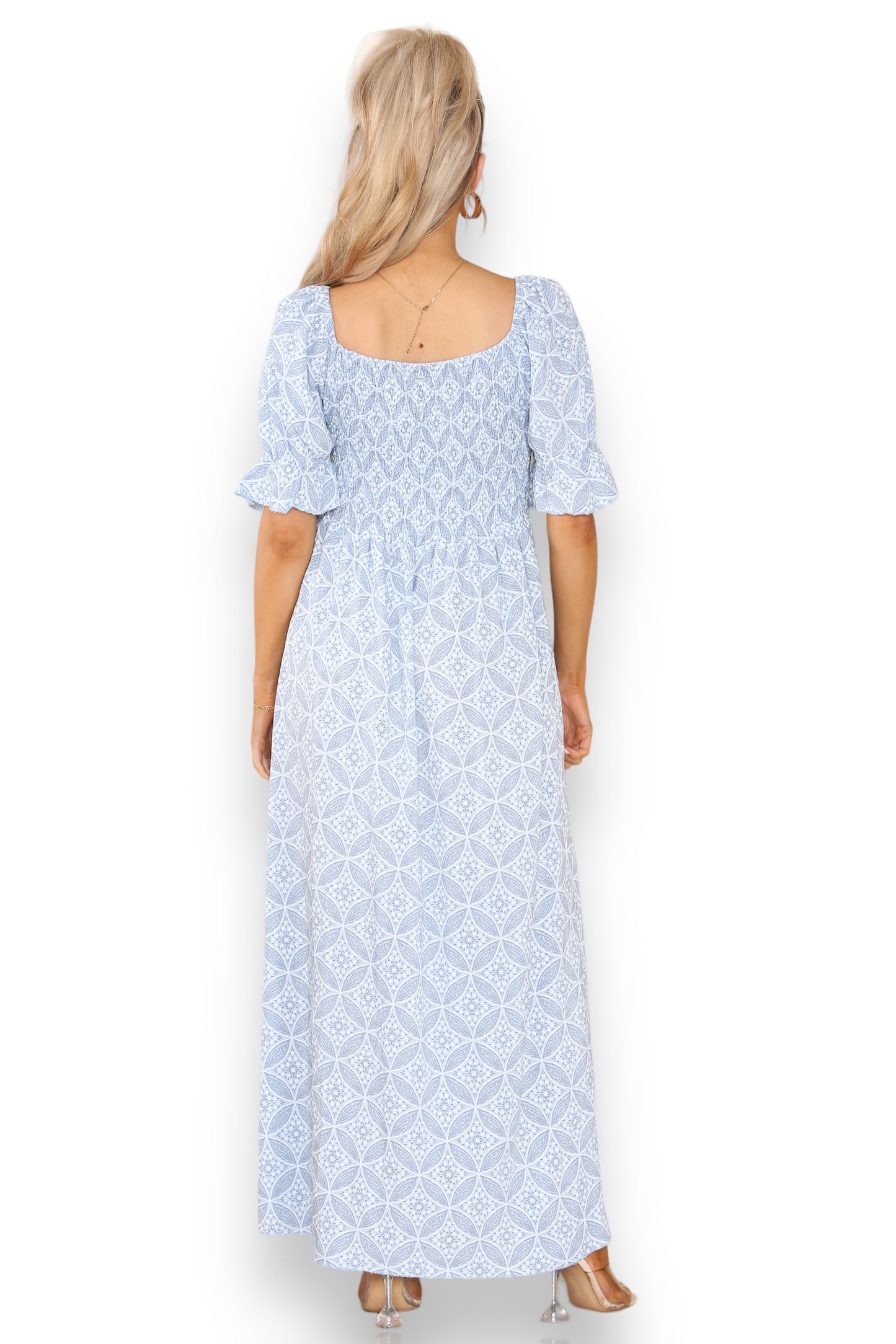 Ditsy Geometric Floral Bardot Maxi Dress - Light Blue