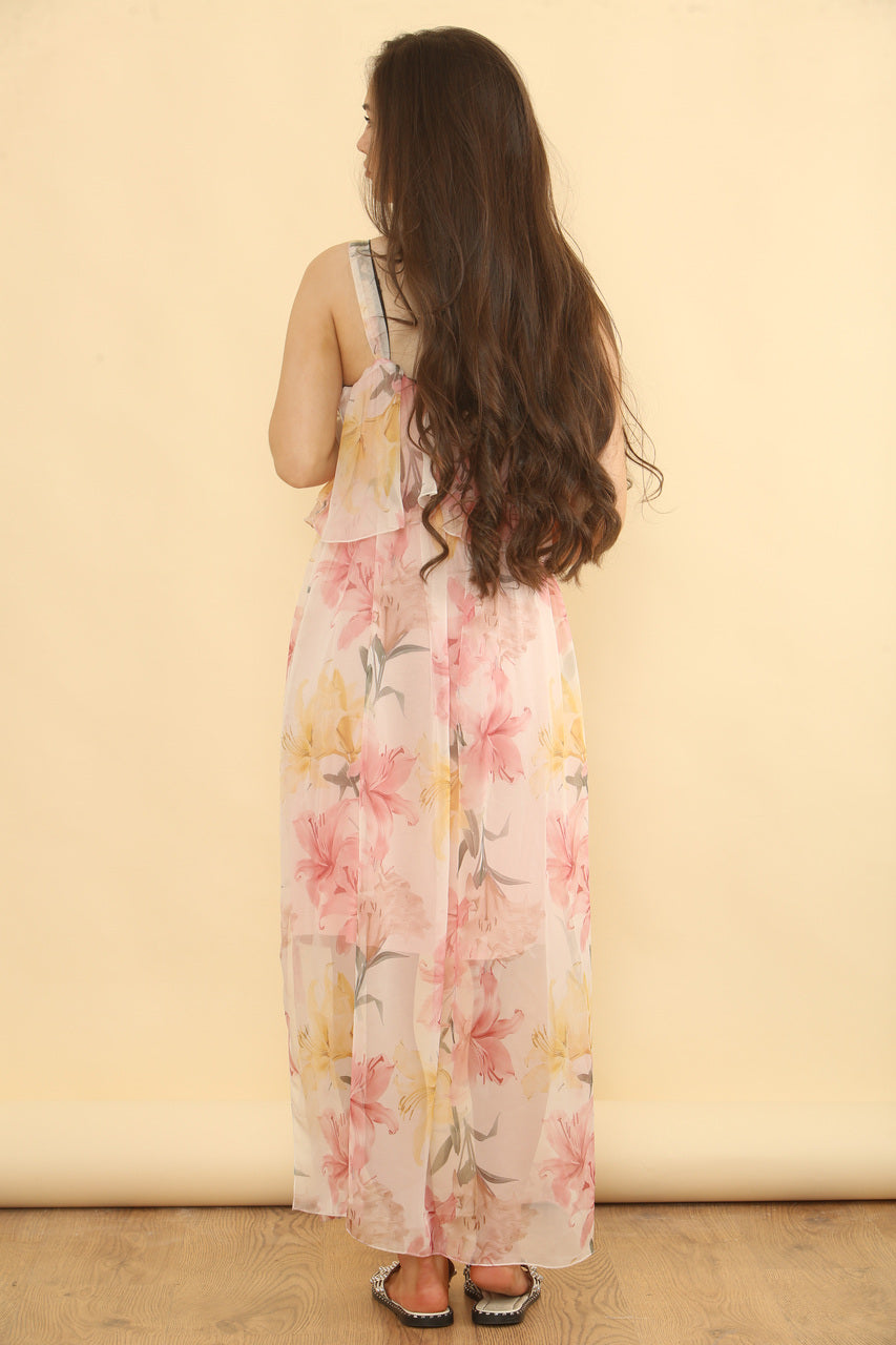 Floaty Tier Floral Print Sleeveless Dress - Pink