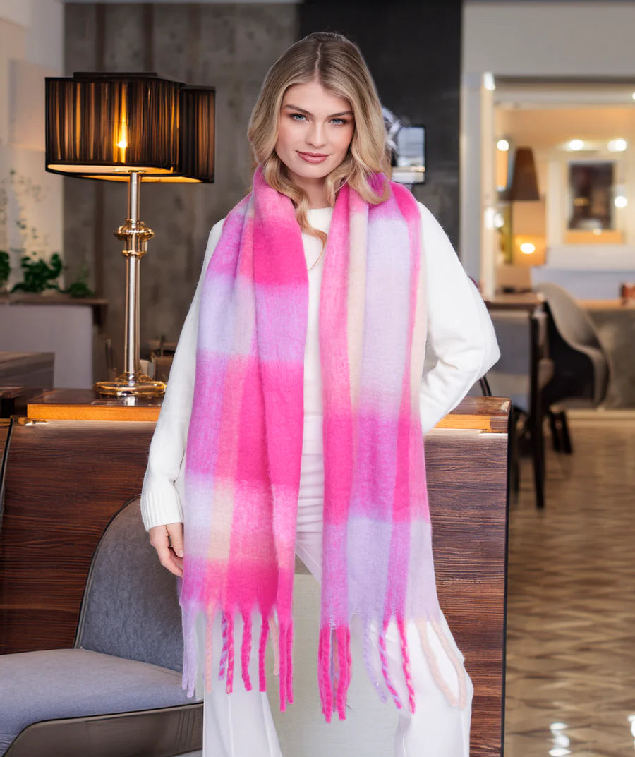 Elaine - Pink Checked Oversized Winter Scarf