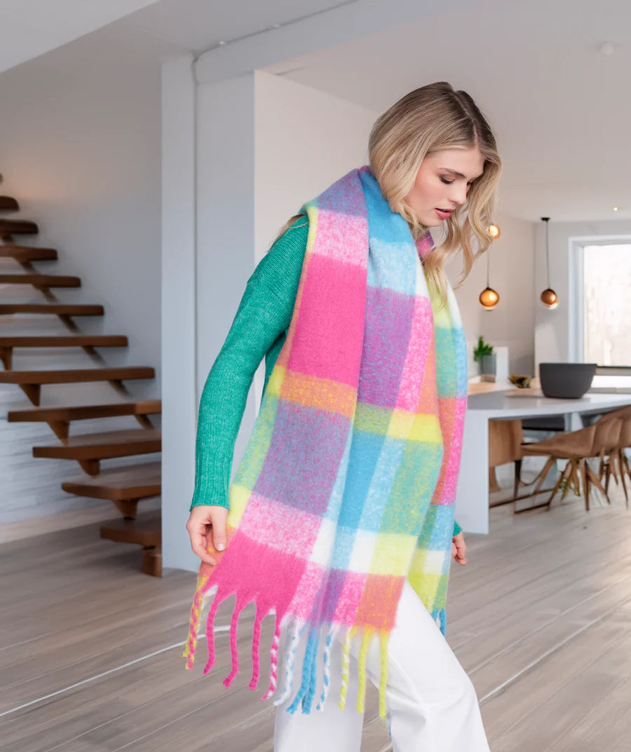 Emily - Pink Blue Check Pattern Blanket Scarf