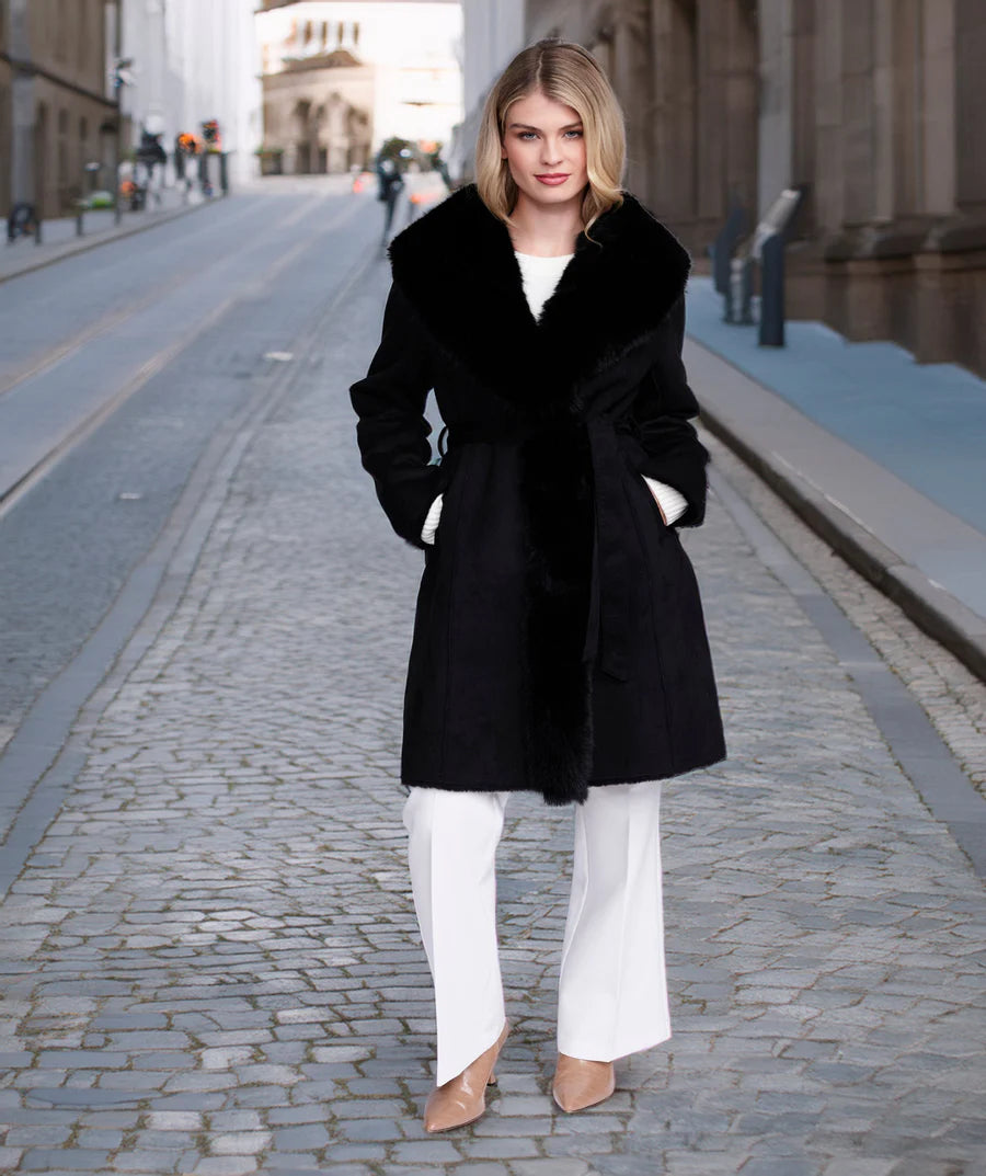 Isabella - Black Faux Suede Longline Coat with Faux Fur Trim