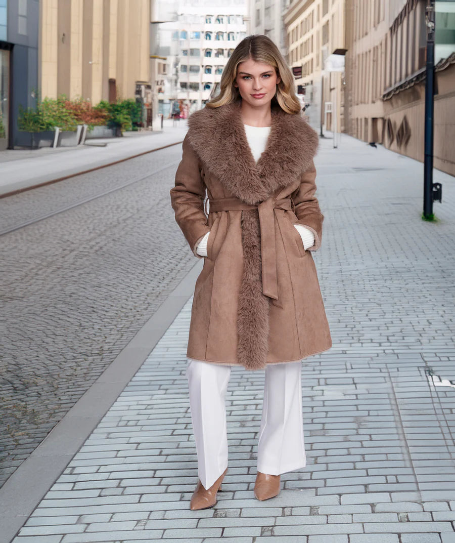Isabella - Taupe Faux Suede Longline Coat with Faux Fur Trim
