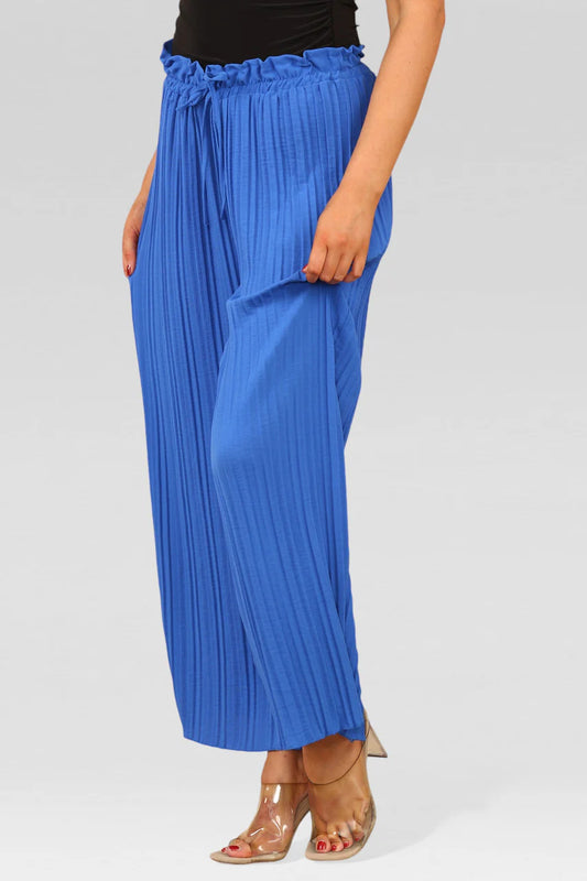 Wide Leg Plisse Pleated Elasticated Waist Trousers - Royal Blue