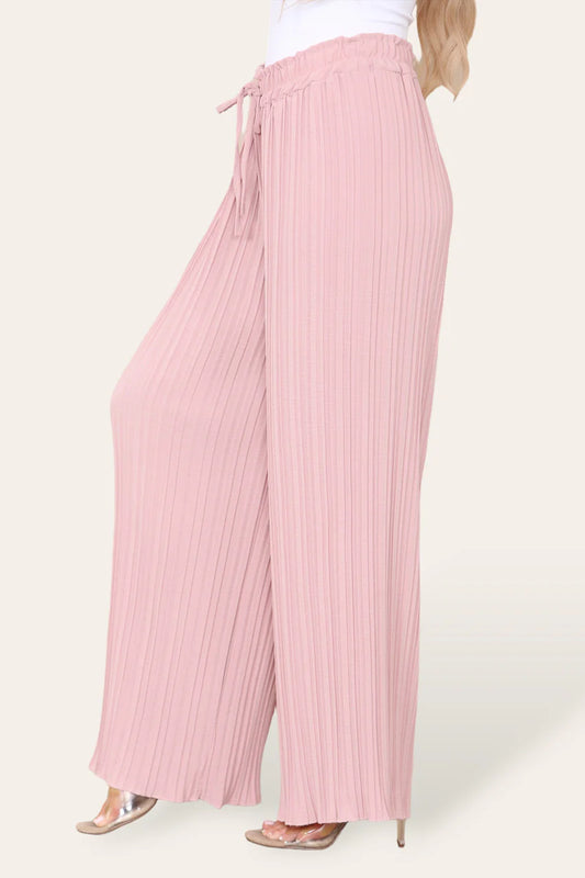 Wide Leg Plisse Pleated Elasticated Waist Trousers - Dusty Pink