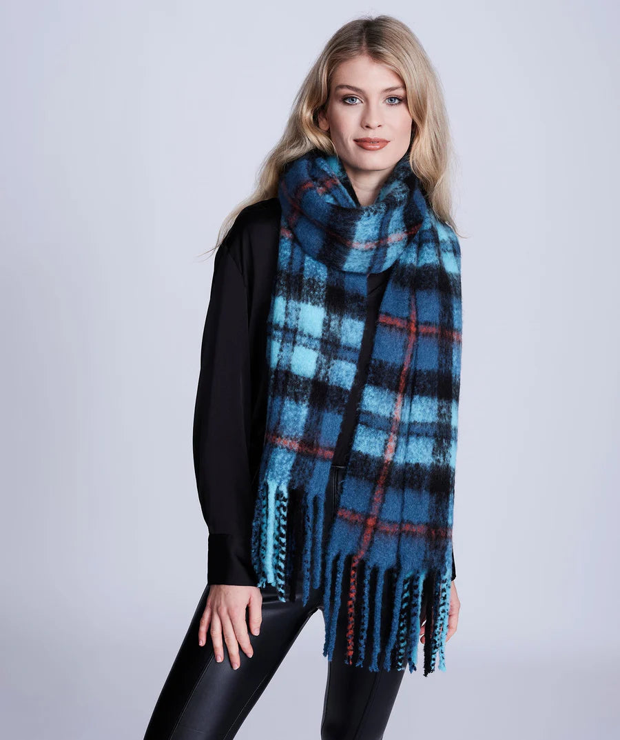 Lovella - Blue Check Blanket Scarf with Fringed Trim