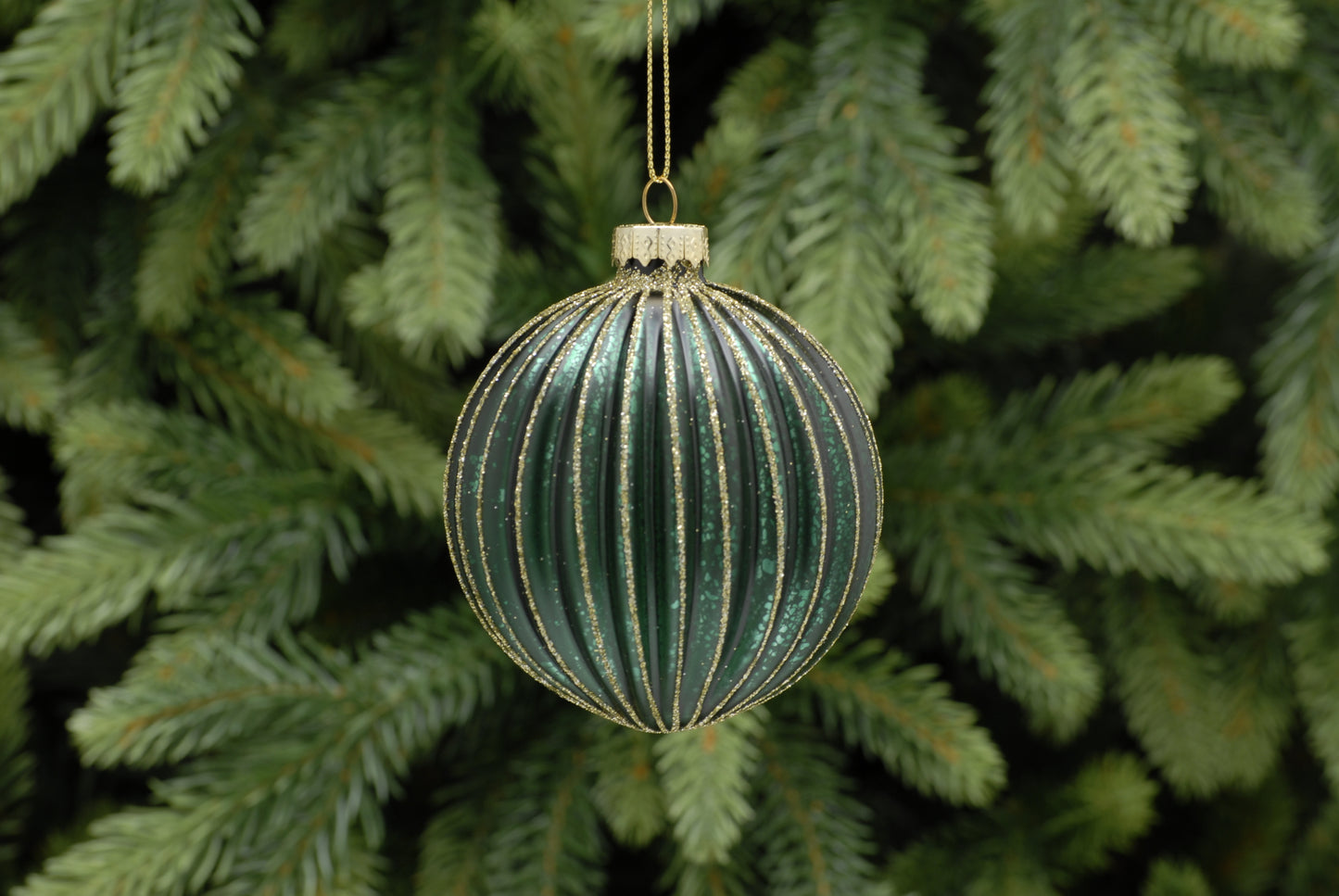 Gold & Green Ridges Glass Ball Bauble