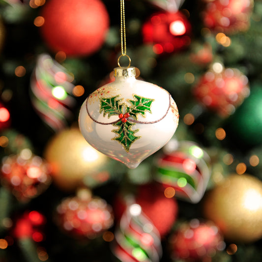 White Glass Onion with Holly Bauble