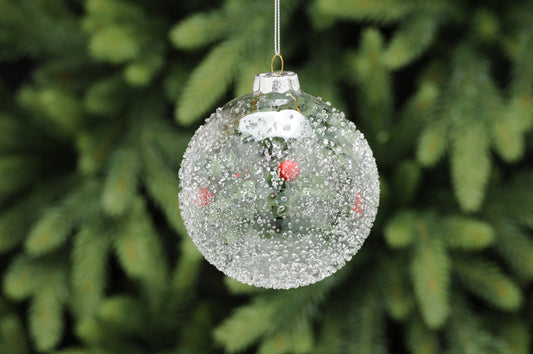 Glass Ball Frosted with Holly Leaves Inside Bauble