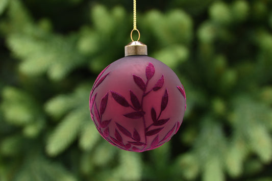 Burgundy Glass Ball with Flock Leaf Bauble