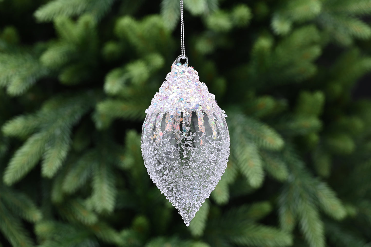 Glass Teardrop Glitter Snowcap Bauble