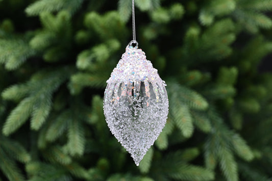 Glass Teardrop Glitter Snowcap Bauble