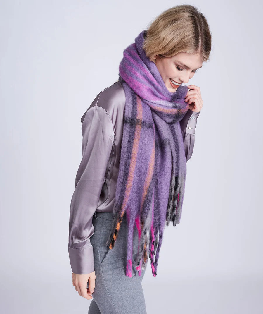 Robyn - Purple Check Blanket Scarf with Fringed Trim