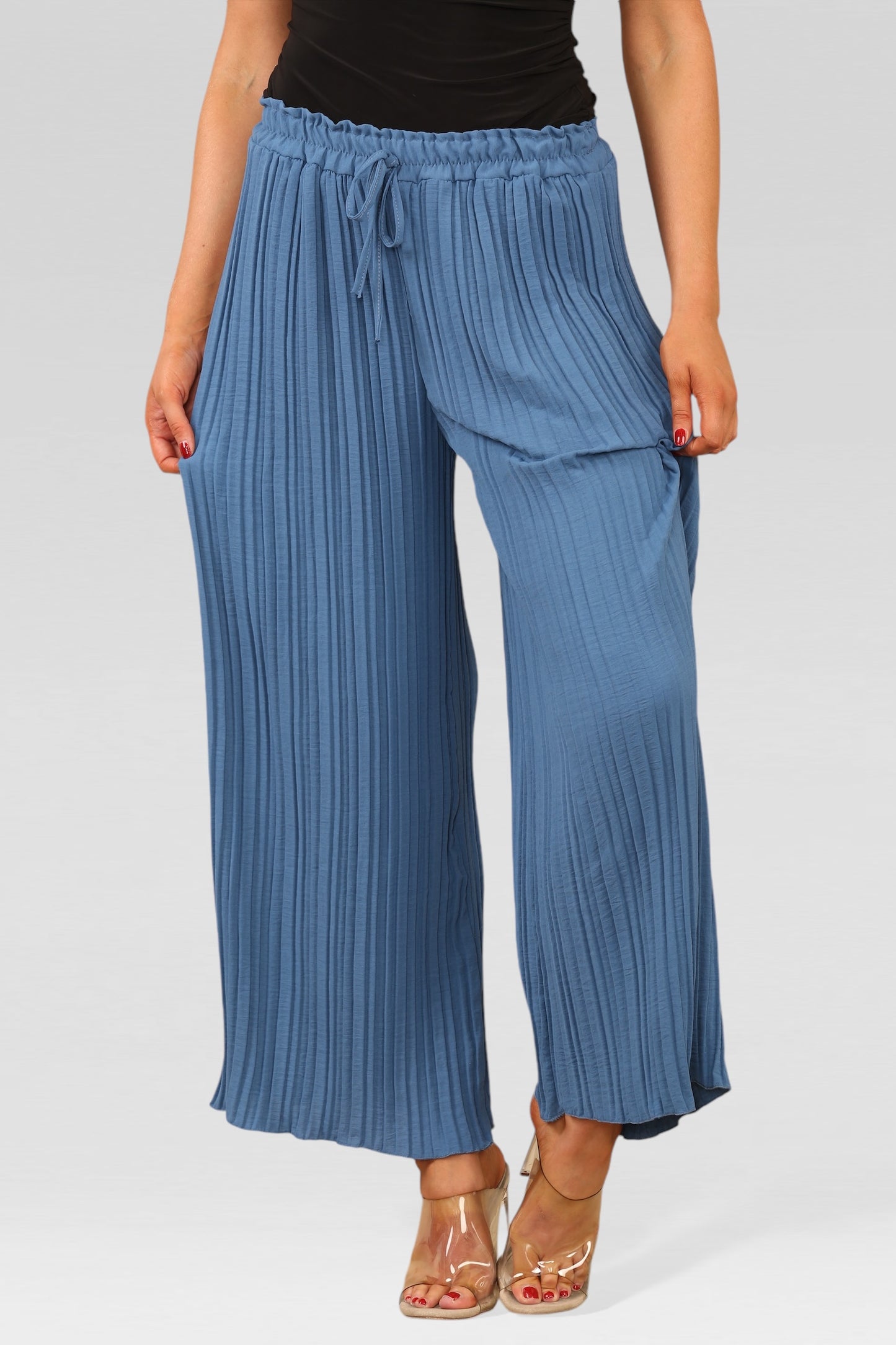 Wide Leg Plissé Pleated Trousers - Denim