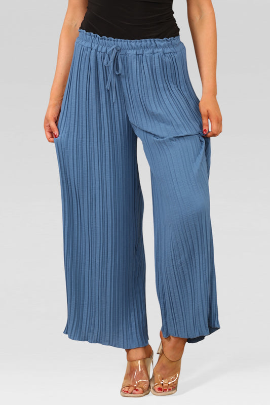 Wide Leg Plissé Pleated Trousers - Denim