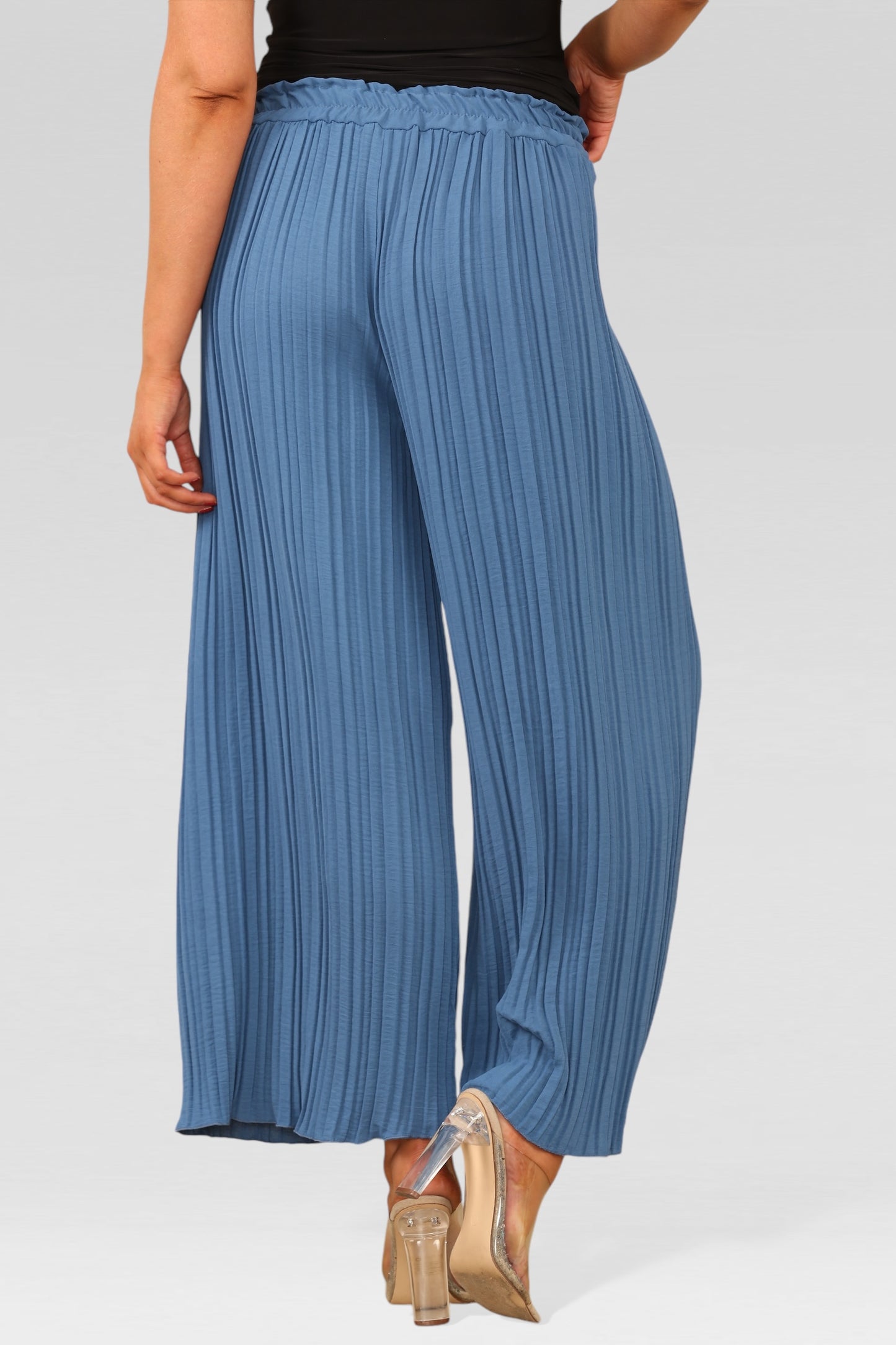 Wide Leg Plissé Pleated Trousers - Denim