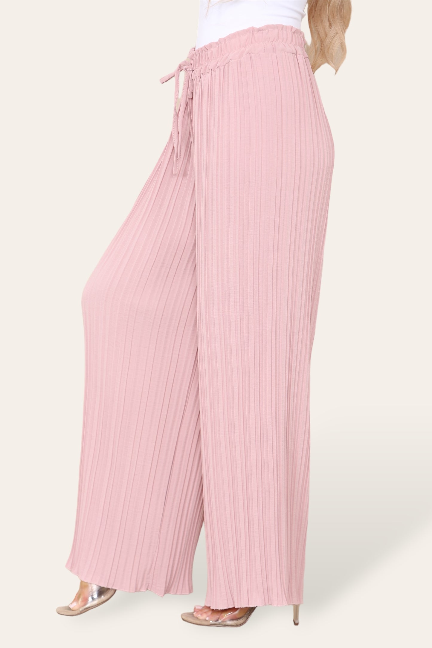 Wide Leg Plissé Pleated Trousers - Dusty Pink