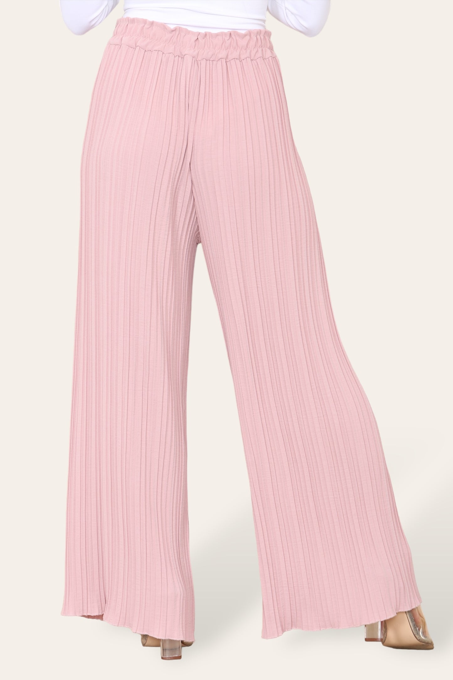 Wide Leg Plissé Pleated Trousers - Dusty Pink
