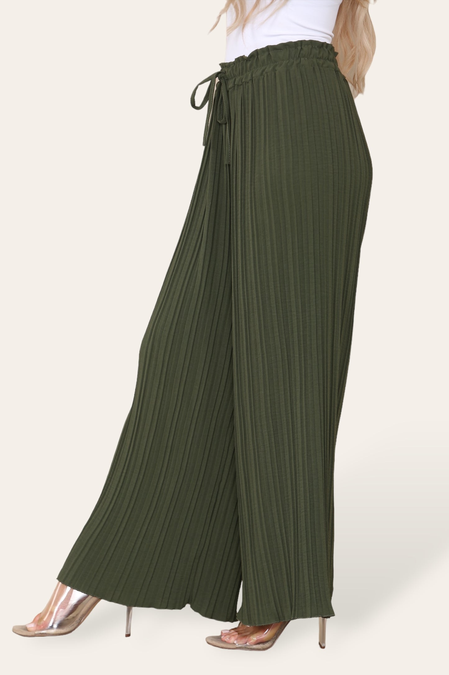 Wide Leg Plissé Pleated Trousers - Khaki