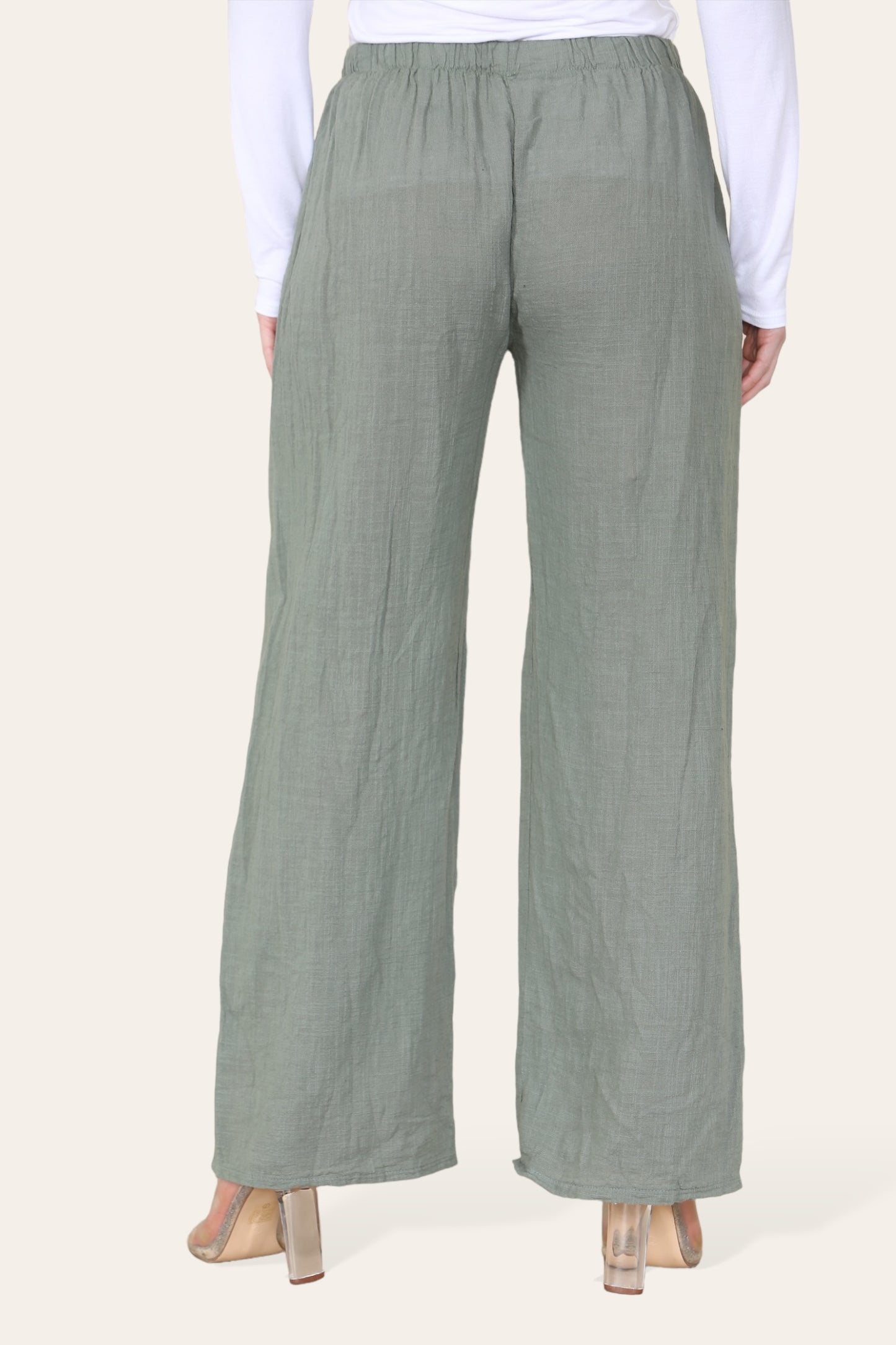 Elasticated Waist Cotton Trousers - Khaki