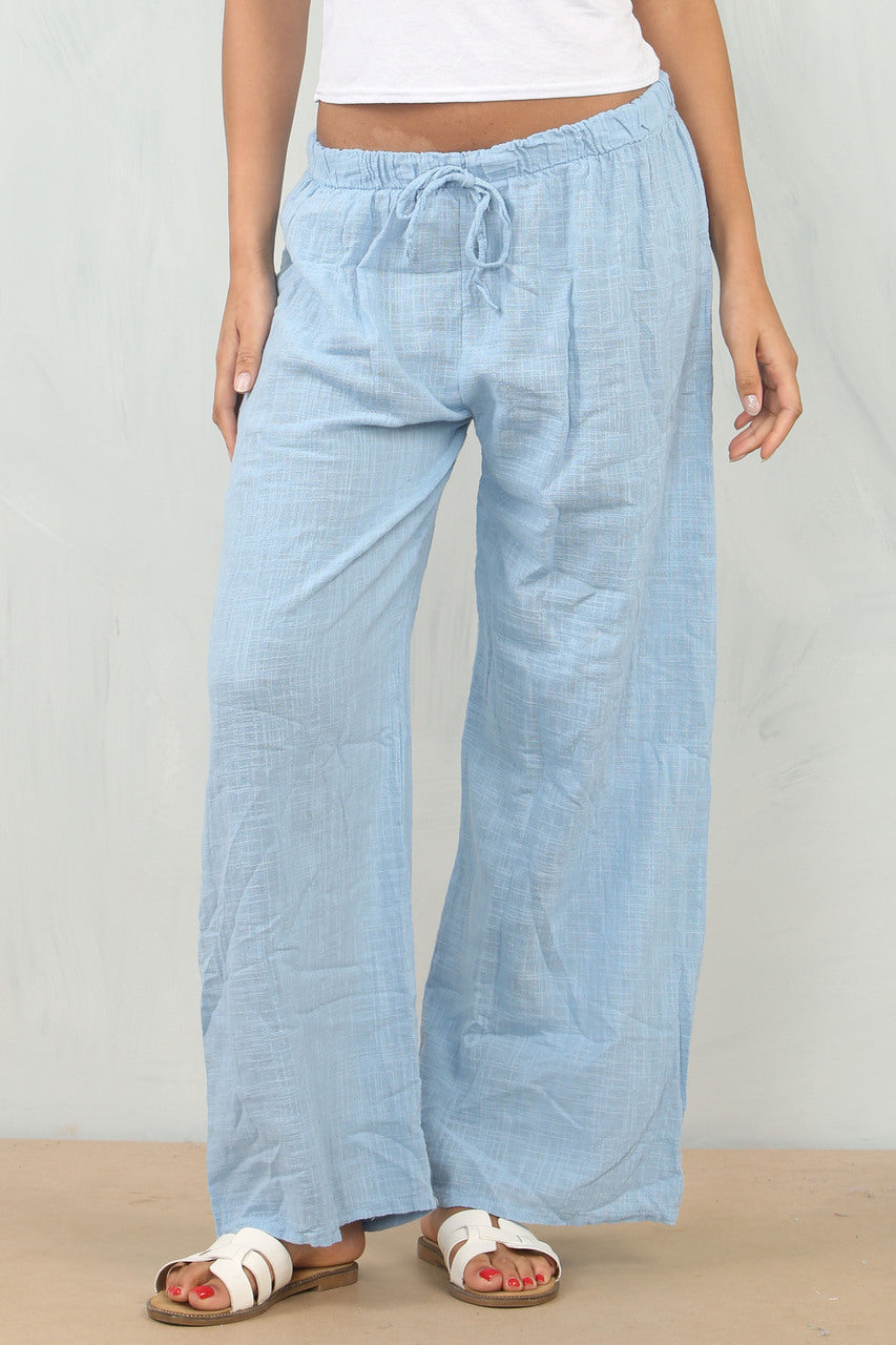 Elasticated Waist Cotton Trousers - Light Blue