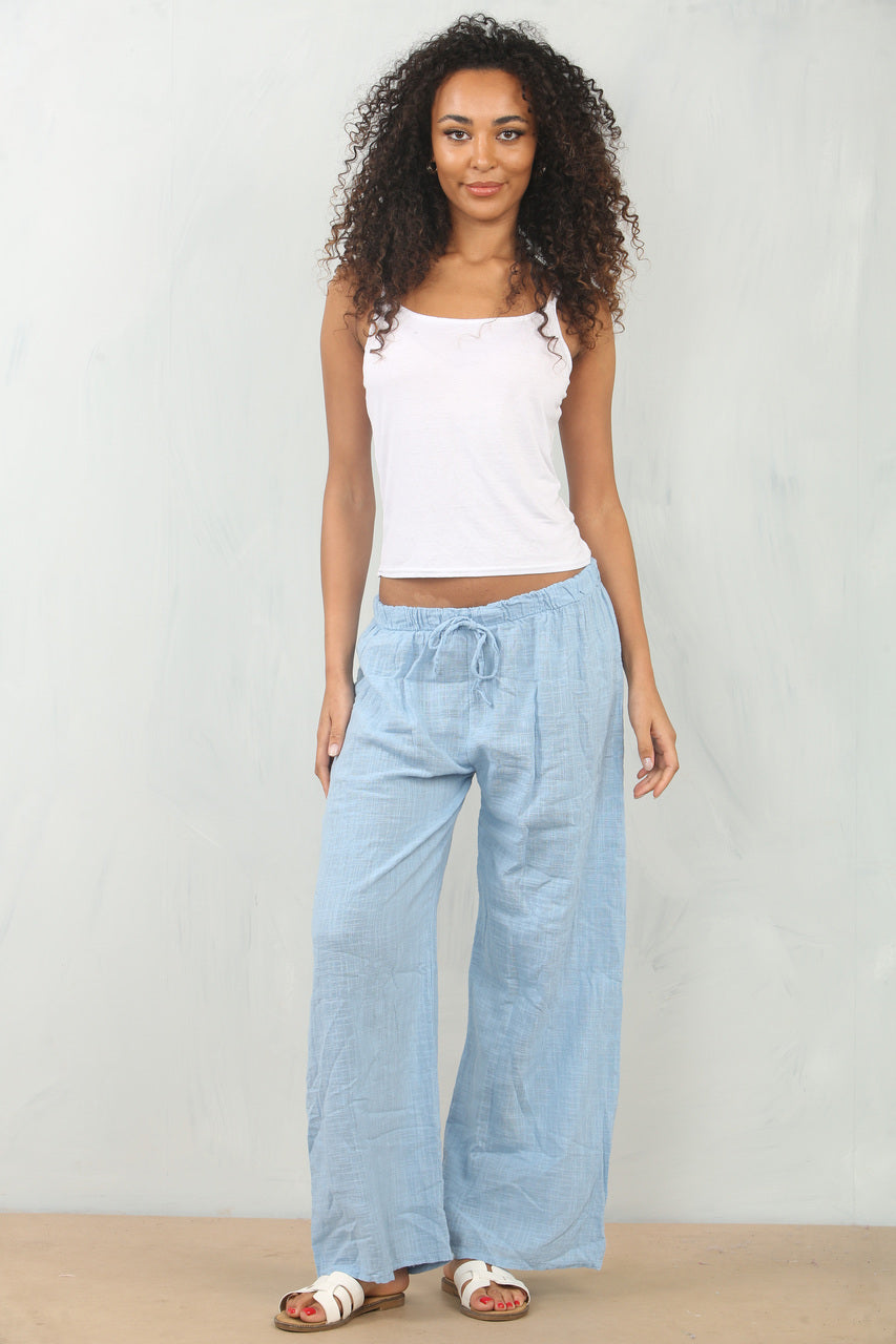 Elasticated Waist Cotton Trousers - Light Blue