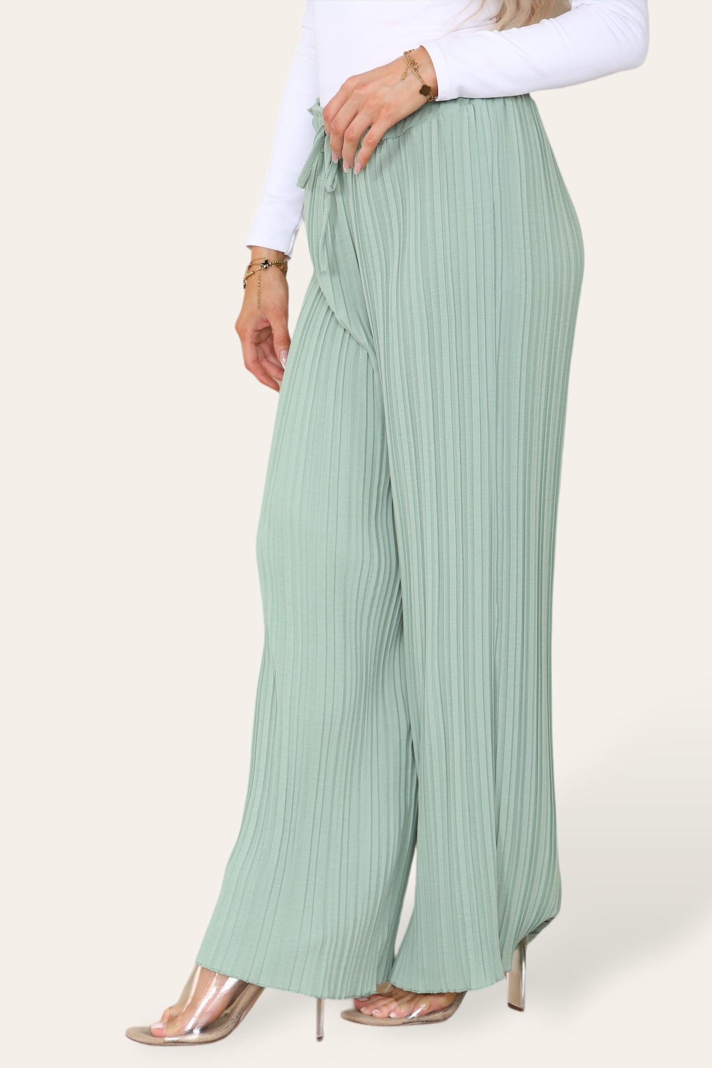 Wide Leg Plissé Pleated Trousers - Sage Green