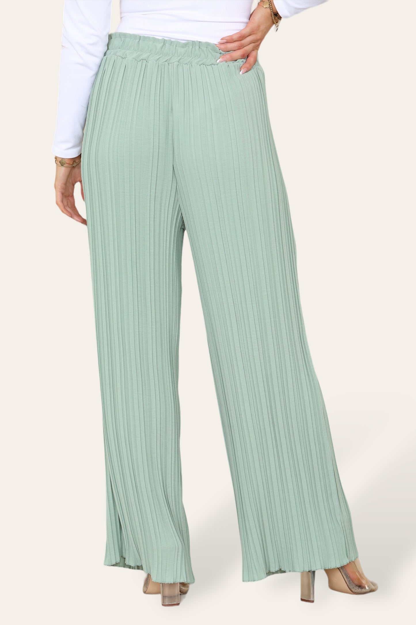 Wide Leg Plissé Pleated Trousers - Sage Green