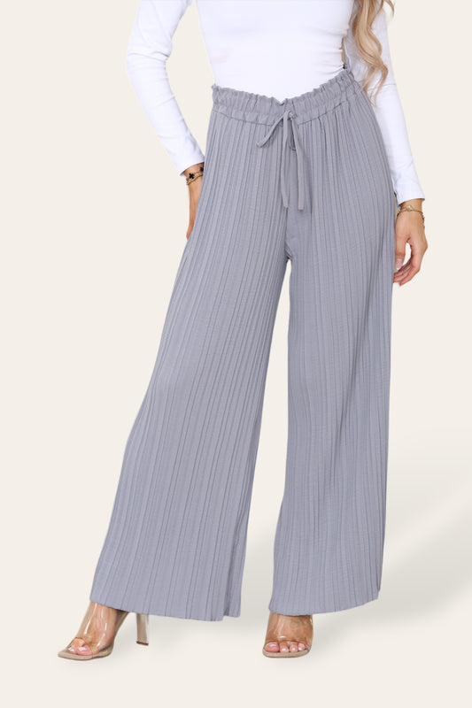 Wide Leg Plissé Pleated Trousers - Silver Grey