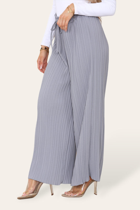 Wide Leg Plissé Pleated Trousers - Silver Grey