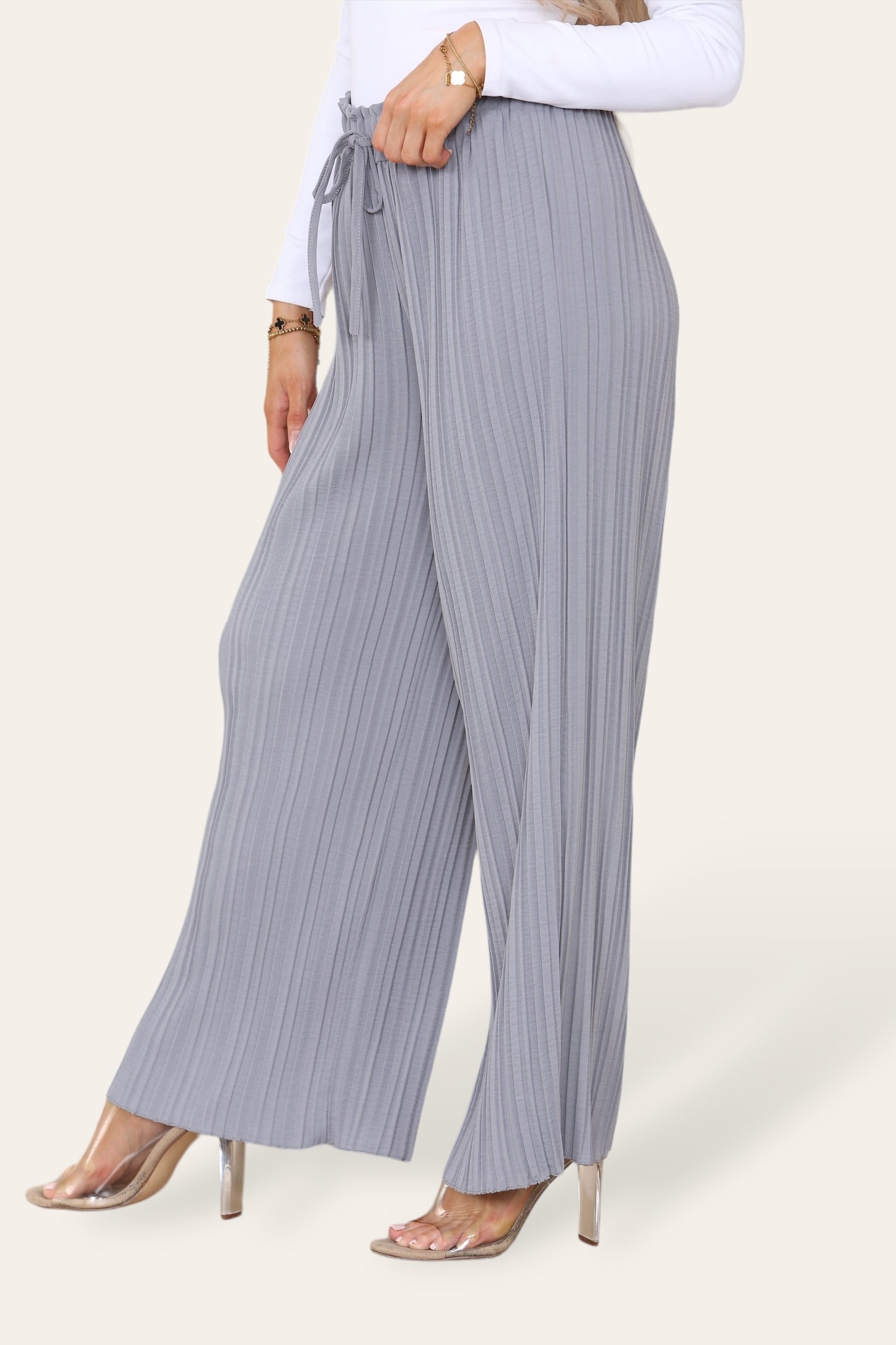 Wide Leg Plissé Pleated Trousers - Silver Grey