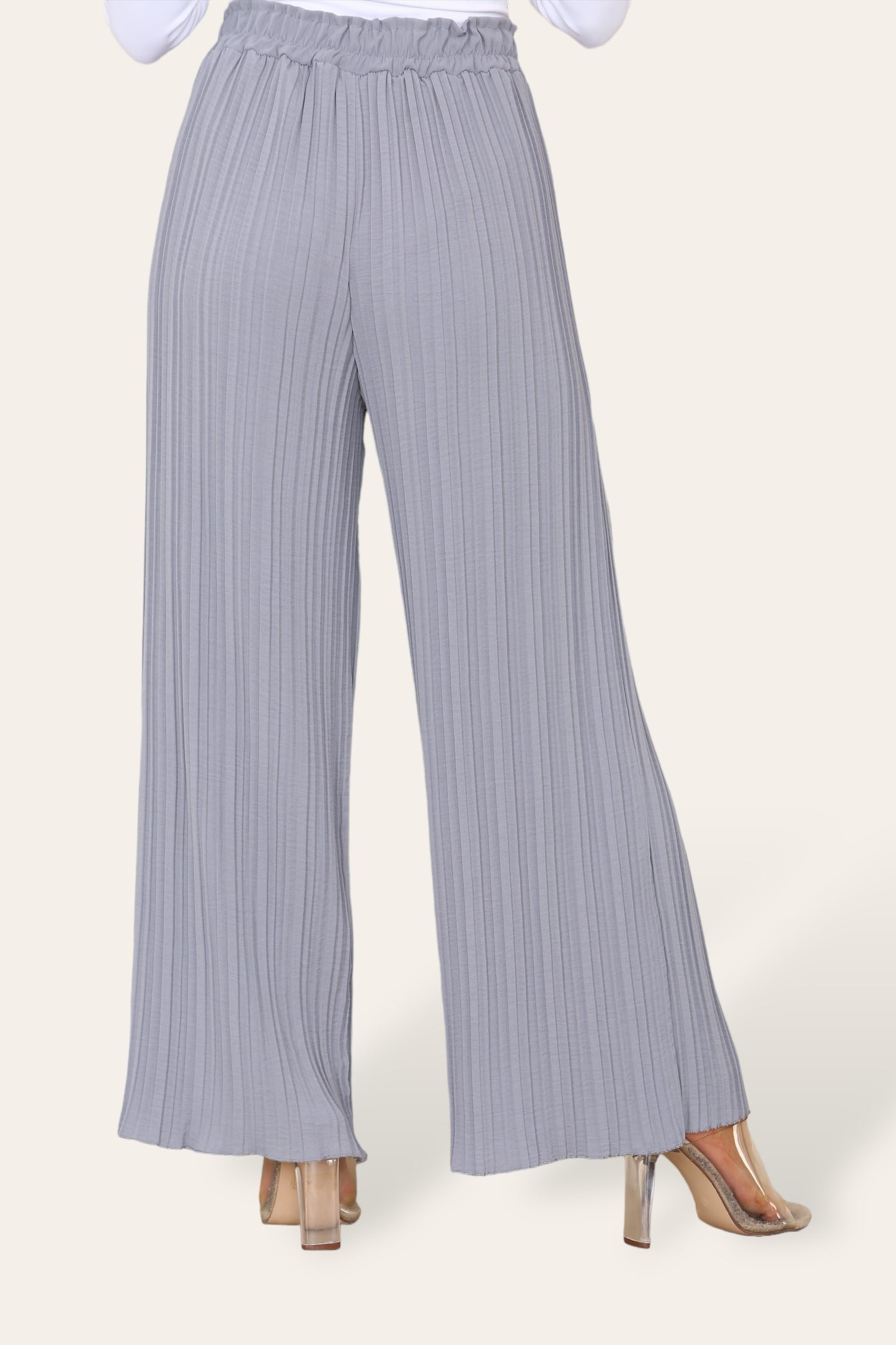 Wide Leg Plissé Pleated Trousers - Silver Grey