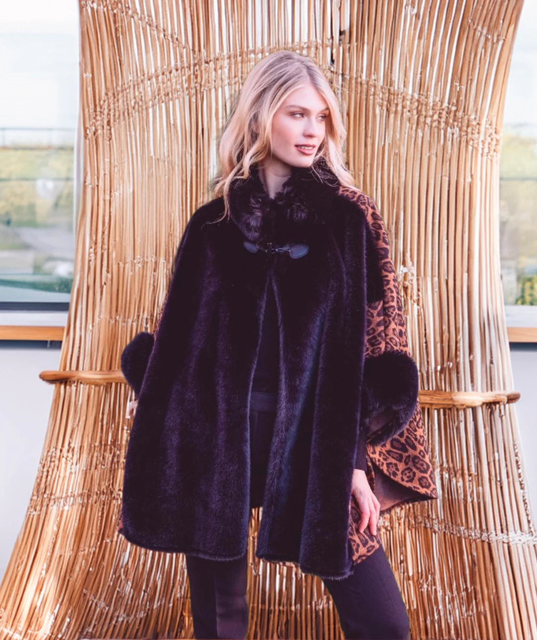 Tamara - Black Faux Suede Wrap with Faux Fur Trim