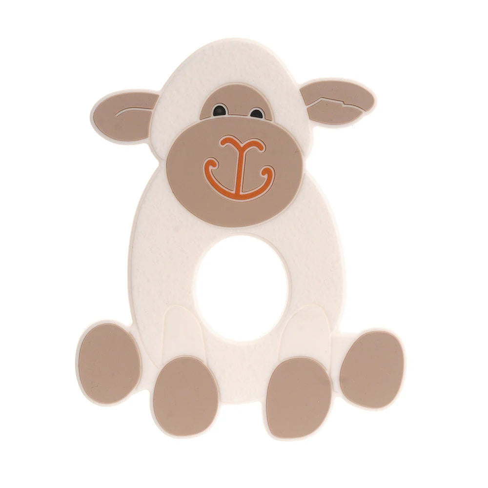 White sheep-shaped teether with brown accents on a white background