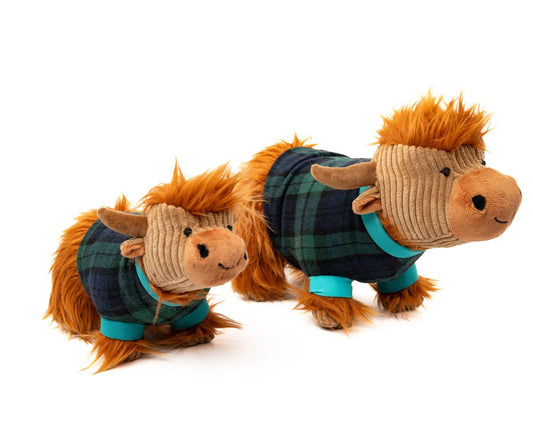 Corduroy Small Highland Cow Soft Toy in Tartan Jumper